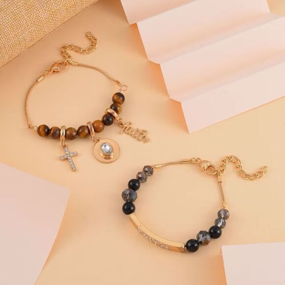 Black Agate Tiger's Eye and Multi Gemstone Set of 2 Faith Adjustable Bracelets - Picture 2 of 6